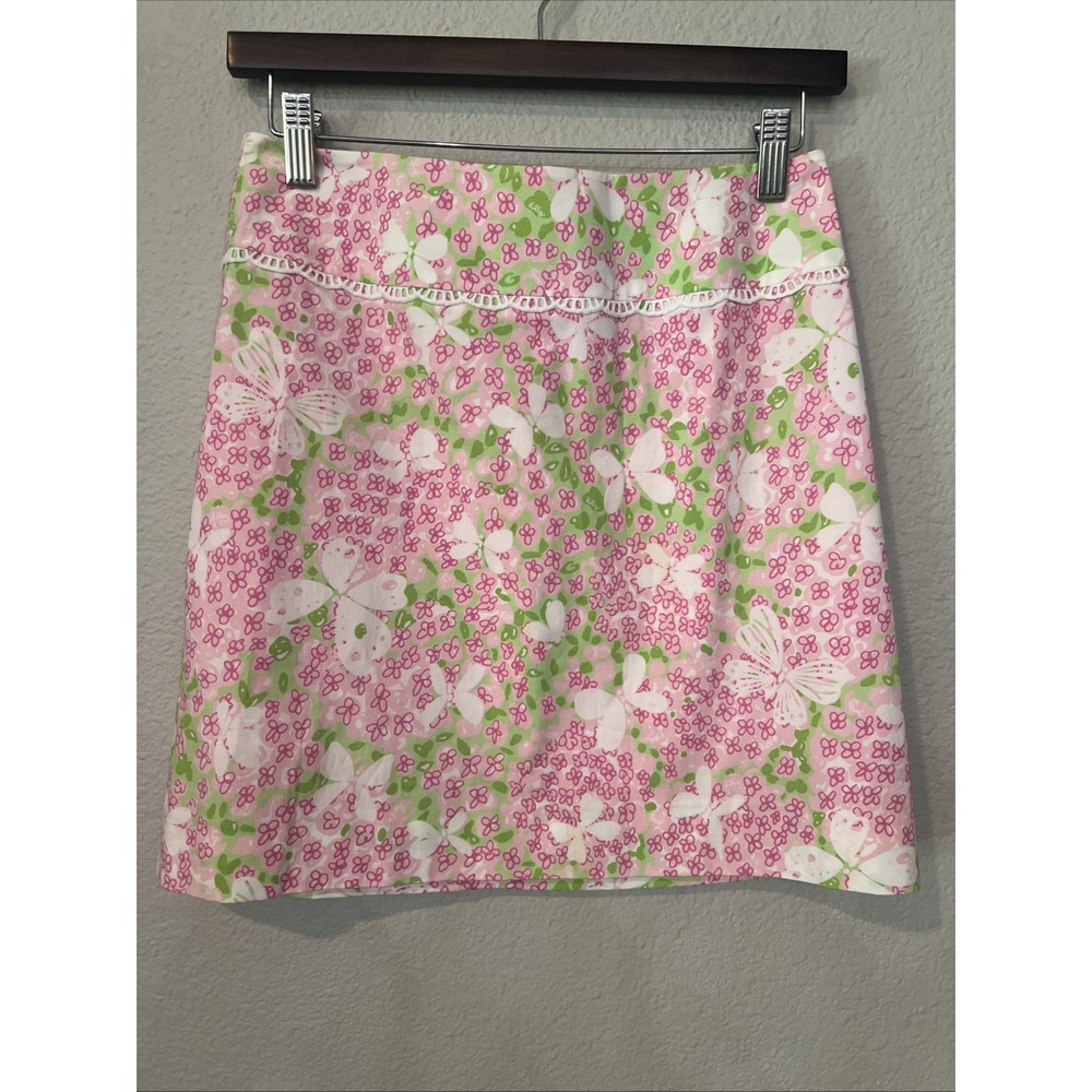 Lilly Pulitzer Skirt PINK/GREEN Butterflies Flowers Lace SIZE 0